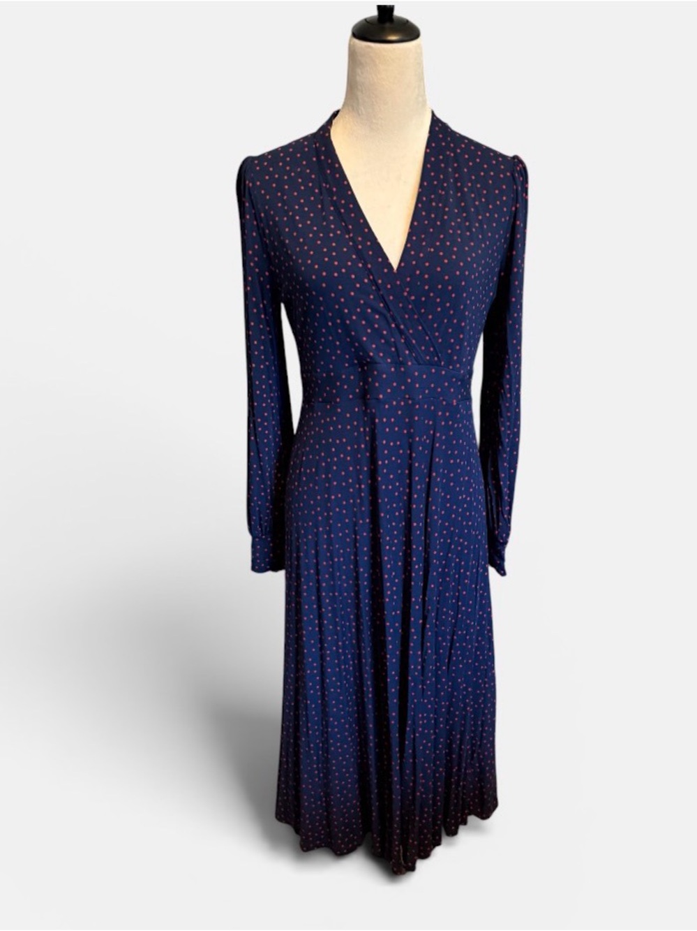 EUC- Boden Fit and Flare Midi Navy and Red dot dress